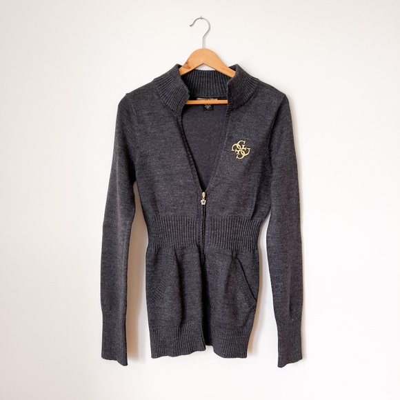 Vintage Y2K Guess Jeans Knitted Zipper Logo Cardigan Sweater - Large - Picture 2 of 11